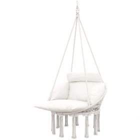 Hammock Swing Chair, Macrame Hanging Chair with Large Cushion, Chain, Steel Frame for Indoor Outdoor Use, Cream White