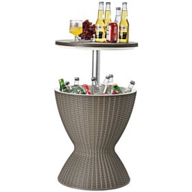 Brown Outdoor Imitation Rattan Ice Cooler Side Table 8Gal 2-Height Adjustable with Drain Plug