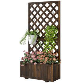 Wooden Raised Garden Bed Planting Planter Box with Trellis and Drain Holes for Climbing Vine Plants, Brown (Option: Brown-820x820x85 mm)