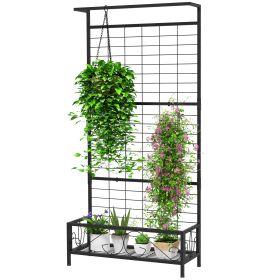 Metal Tall Plant Stand with Trellis and Hanging Bar, Plant Holder for Indoor Outdoor Use, 35" x 12.8" x 74", Black (Option: Black-990x745x110 mm)