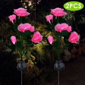 2Pcs Solar Powered Lights Outdoor Rose Flower LED Decorative Lamp Water Resistant Pathway Stake Lights (Color: Pink)